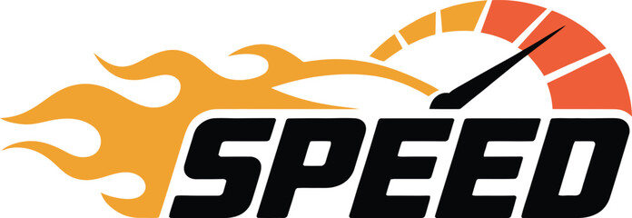 Speed word with flame and speedometer gauge vector logo icon