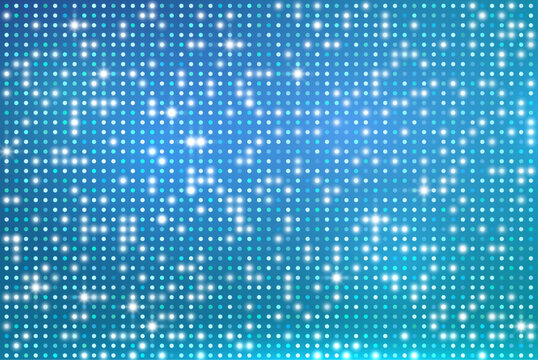 Blue led light screen background, glow gradient orange round dotted lights, pixel pattern banner, digital mosaic design