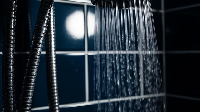 Dim bathroom shower with blue tile walls, looped hoses, and heavy rainlike water cascading softly..