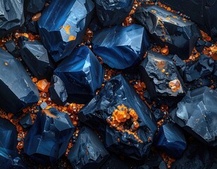 Dark blue crystal chunks amid orange specks, glossy
