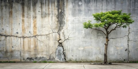 Resilience A solitary tree thrives against a backdrop of a weathered, cracked wall.