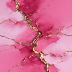 Fototapeta premium Amid soft shades of pink, elegant golden cracks form a stunning kintsugi pattern, symbolizing resilience and beauty in imperfection, inviting a sense of calm and reflection
