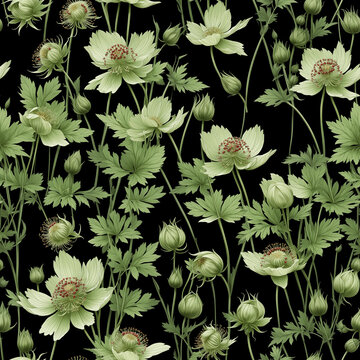 Seamless pattern with blooming astrantia flowers and green leaves on dark background, decorative botanical floral motif for fabric and wallpaper - AI generated