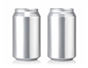 Two blank silver aluminum cans stand side-by-side
