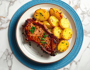 Pork chop and potatoes on a plate, delicious meal