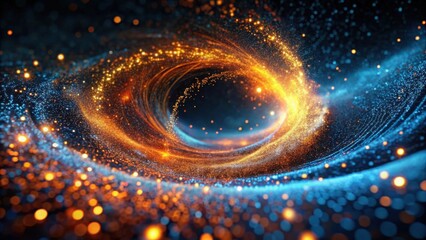 Abstract swirling vortex of luminous particles, an ethereal cosmic dance of vibrant orange and blue hues, creating a mesmerizing spectacle of light and energy.