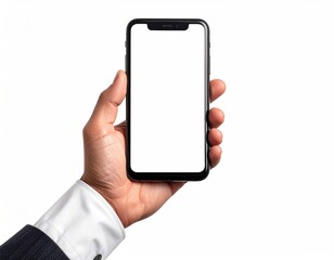 Hand holds blank screen phone, white isolated background