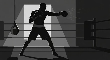 Silhouette of a male boxer in shorts and gloves throwing a punch in a ring setting. A professional boxer practicing in a boxing gym.