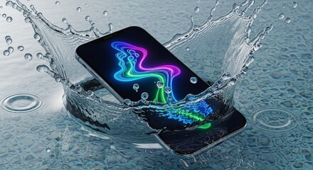 A smartphone with water splash, screen displaying colorful lines, digital art concept.