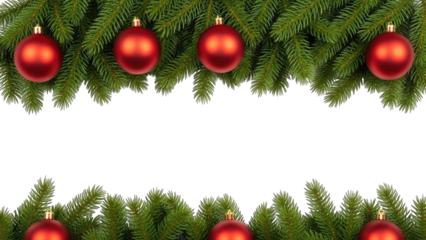 Christmas tree branches red ornaments isolated on a transparent background