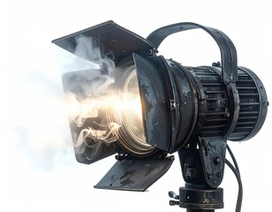 Studio spotlight shines, smoke emanating. Dramatic