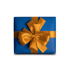 A single blue gift box with a large golden ribbon and bow is presented against a white background.