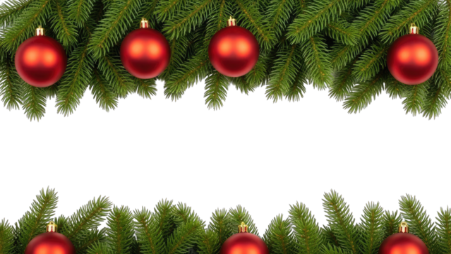 Christmas tree branches red ornaments isolated on a transparent background