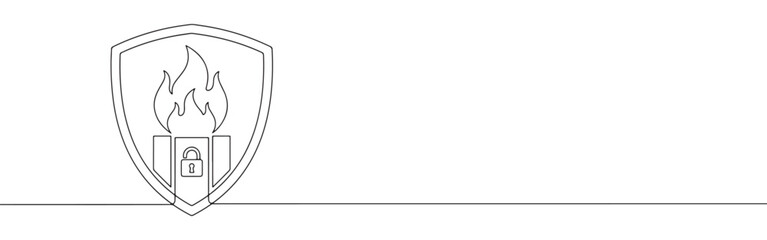 Continuous one line drawing of a firewall shield icon with flames and a padlock. Concept of network security