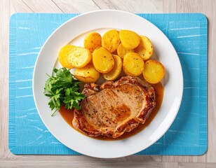 Pork chop, roasted potatoes, parsley on a white plate