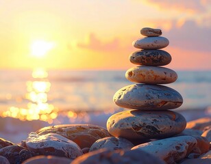 Stacked stones on a beach at sunset, balance