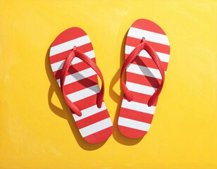 Striped flip-flops with red straps on sunny yellow background