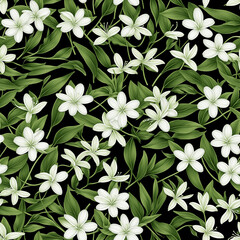 Seamless pattern with small white flowers and green leaves on black background, decorative botanical floral design for wallpaper and fabric - AI generated