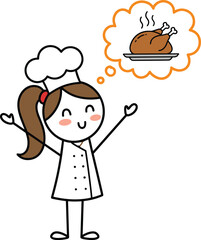 Cartoon chef character smiling with raised arms and thought bubble of roasted chicken, joyful cooking and culinary imagination illustration