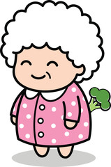 Cartoon elderly character in pink polka dot dress with broccoli joke, humorous illustration for fun, comedy, and quirky themes