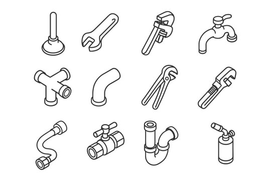 Plumbing tools and pipe fittings line art collection.