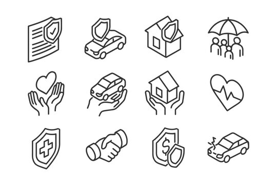 Insurance icons set: health, auto, home, group, and safety symbols.