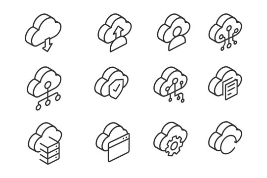 Cloud computing icon set with cloud storage and network symbols.