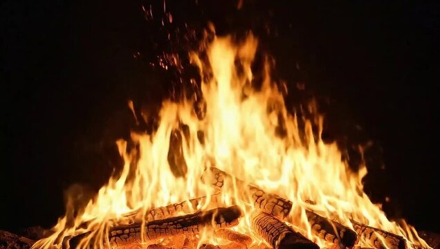 Real bonfire flames burning on wood logs in dark night background
