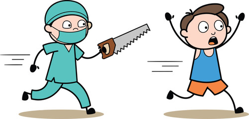 Cartoon surgeon chasing frightened man with saw in exaggerated comic scene of surreal medical panic and humorous action motion
