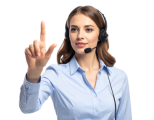 Calm customer support professional pressing imaginary digital button while wearing headset, isolated on a transparent background, PNG