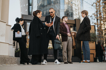 Obraz premium A diverse group of colleagues stands outdoors near a contemporary city building, engaged in conversation.