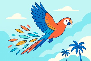 Fototapeta premium Colorful parrot flying with feather trail above tropical landscape with palm trees and clouds on a light blue background in cartoon style. Ai generative