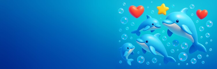 Obraz premium Cute cartoon dolphins with hearts and bubbles on blue underwater background with empty space for creative design or banner template concept. Ai generative