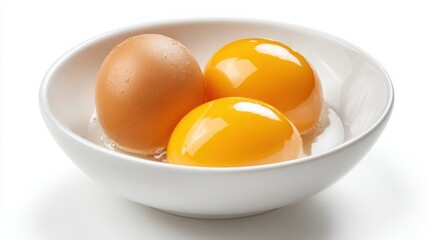 Three raw eggs with perfect golden yolks in a white bowl