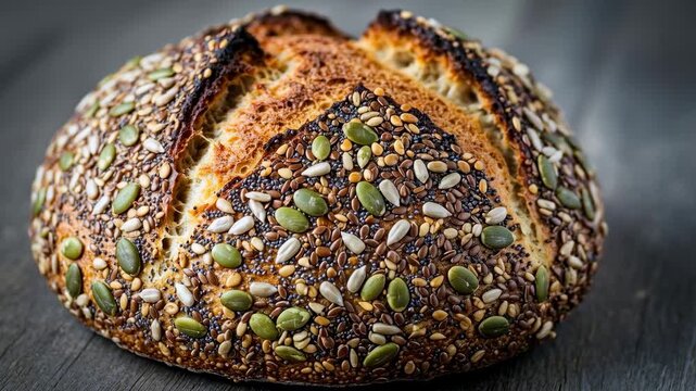 Freshly baked seed bread displayed on a wooden table with a rustic background in a cozy kitchen
