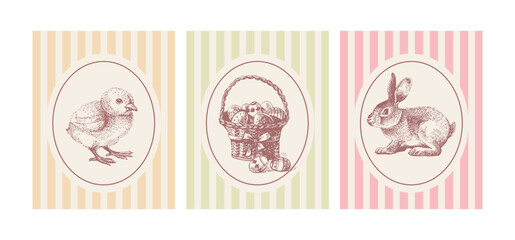 Cute Easter vintage hand drawn poster set. Greeting cards and invitation design. Retro sketch vector illustration