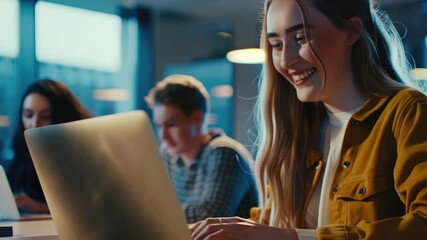 A young woman smiling while working on her laptop computer in a brightly lit room. - Powered by Adobe