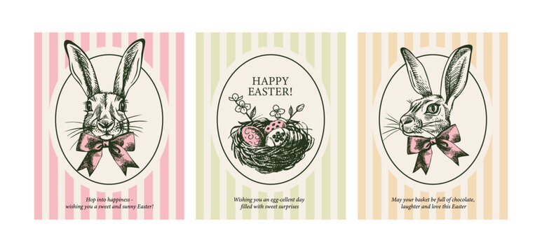 Cute Easter vintage hand drawn poster set. Bunny with pink bow and nest with decorated eggs . Greeting cards and invitation design. Retro sketch vector illustration