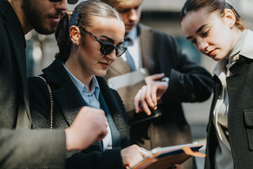 A group of colleagues collaborates outdoors, examining a clipboard and discussing plans. Sophisticated outfits, sunglasses, and a sense of teamwork convey a modern, business-focused moment.
