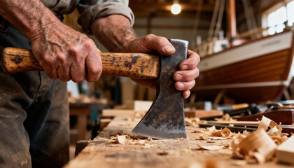 Medium shot of a shipwrights hands gripping a wellworn adze emphasizing tactile connection and heritage in traditional woodworking.