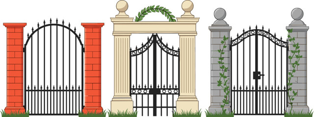 Set of Decorative Ornamental Gates and Arches Vector Illustrations, Featuring Wrought Iron Design with Brick, Stone, and Classic Pillar Architecture.