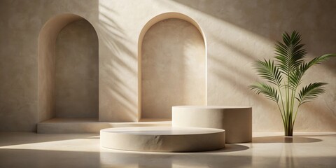 Minimalist Display Two-Tiered Beige Pedestal with Archways and Tropical Plant in Sunlit Room