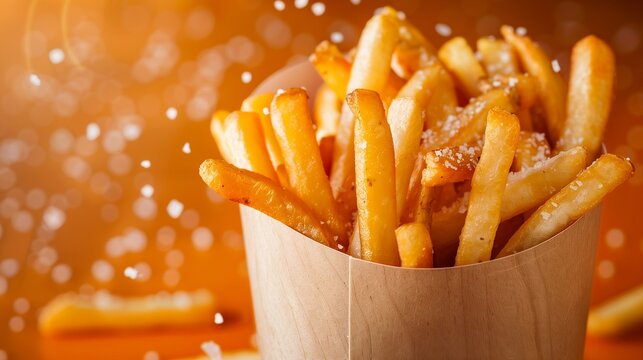フライドポテト　オレンジ背景　躍動感ショット