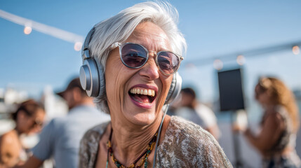 Energetic senior woman with stylish gray hair wearing headphones smiling while DJing for friends at lively daytime rooftop party for active aging and breaking age stereotypes lifestyle celebration.