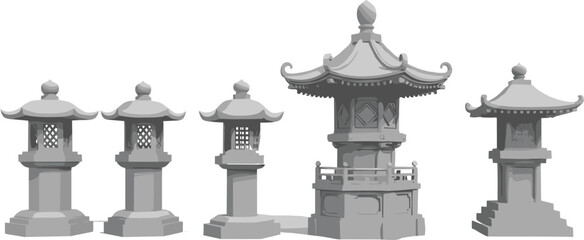 Set of Japanese Stone Lanterns (Toro) Vector Illustrations, Featuring Traditional Asian Temple and Garden Decoration, Isolated on White Background in Monochrome Style.