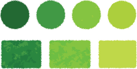 Set of Green Textured Shapes Vector Illustrations, Featuring Grass, Bushes, or Foliage in Various Shades and Geometric Forms for Background and Nature Design Elements.