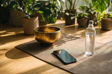 Smartphone placed face down on yoga mat next to brass singing bowl and water bottle in bright sunlit room with plants for digital detox and mindfulness practice wellness lifestyle meditation concept.