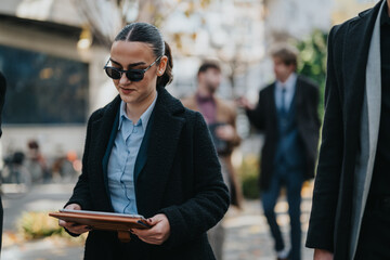 A stylish professional woman wearing sunglasses and a dark coat carries a tablet while walking on a city street. Busy colleagues in the background suggest a dynamic, modern workday environment.
