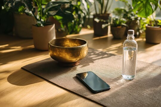 Smartphone placed face down on yoga mat next to brass singing bowl and water bottle in bright sunlit room with plants for digital detox and mindfulness practice wellness lifestyle meditation concept. - Powered by Adobe