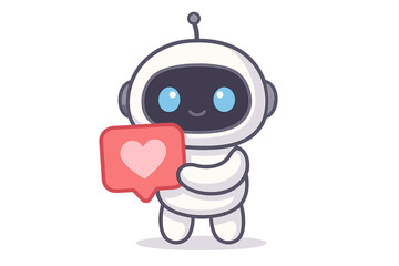 Cute friendly robot character holding a social media like notification bubble with a heart icon